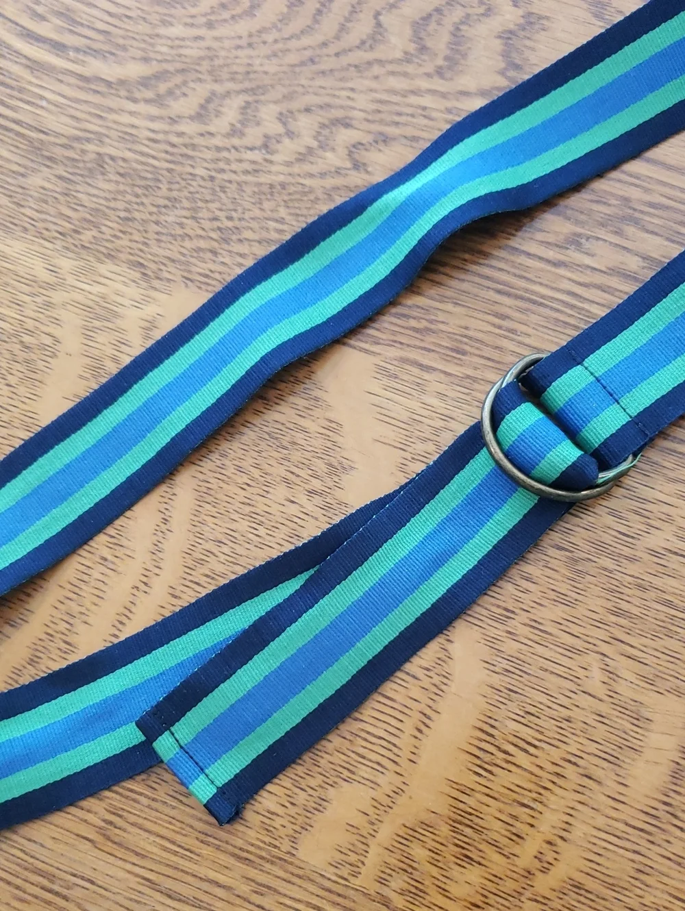 Striped Navy, Teal & Aqua Fabric Belt with D-Ring